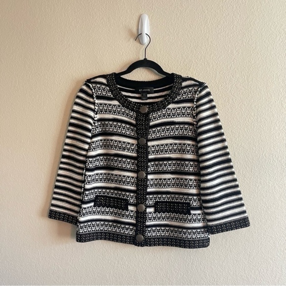 St. John Black White Knit Silk Blend Gold Tone Cardigan Sweater Womens Size 6